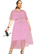 Sexy Pink Mesh Joint Plus Crop Top Skirt Set